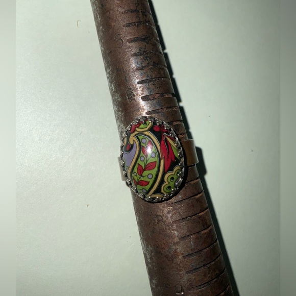 Vtg Antique Copper Multicolor Paisley Cabochon Ring in Beveled Setting Sz 7 - Picture 4 of 16